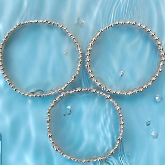 Set Stack of 3 Silver Bead Bracelet Real Sterling .925 beads stretch, waterproof - Picture 2 of 8